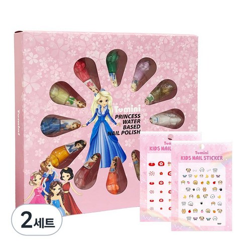 투미니 프린세스 네일컬러 어린이 화장품 12종 + 네일스티커 랜덤 발송 2p, 혼합 색상, 2개