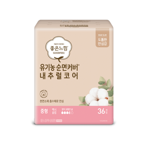 좋은느낌 유기농 순면커버 맥시슬림 중형 생리대 날개형, 36개입, 1개
