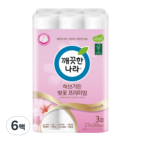 깨끗한나라 3겹 데코 허브가든 벚꽃 프리미엄 펄프 롤화장지 27m, 30개입, 6개