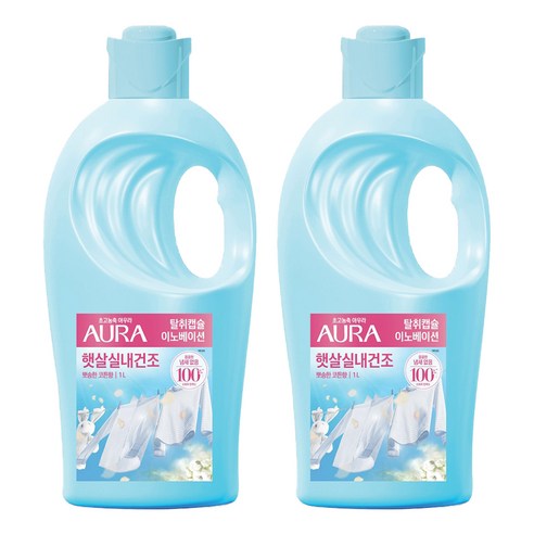AURA 햇살실내건조 섬유유연제 뽀송한 코튼향 본품, 1L, 2개