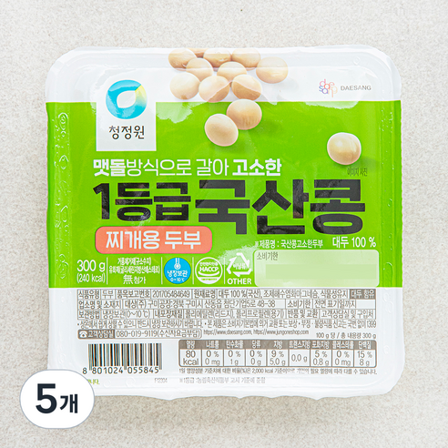 청정원 국산콩 고소한 두부 찌개용, 300g, 5개