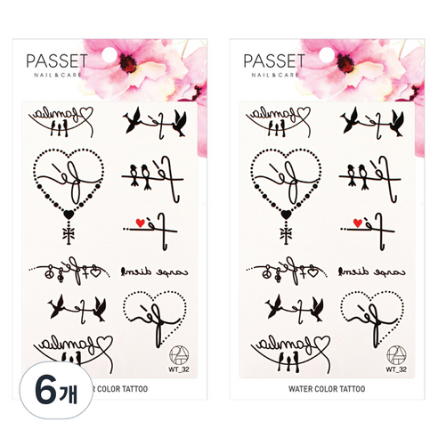 파셋 수채화 타투 스티커, 6개, WT32