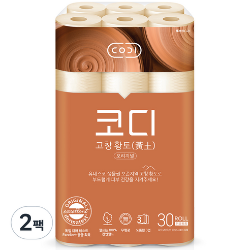 코디 고창황토 오리지널 천연펄프 3겹 화장지 25m, 30롤, 2팩