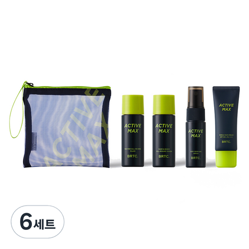 비알티씨 액티브 맥스 여행용 미니어처 바디워시 20ml + 로션 20ml + 퍼퓸스프레이 19ml + 선크림 20ml + 파우치 세트, 6세트