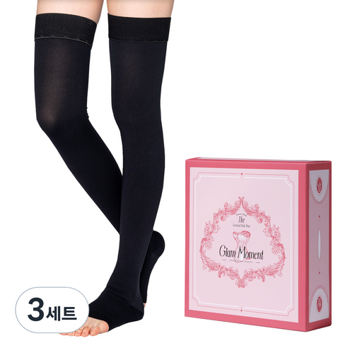 글램모먼트 메디컬 서포트 오픈토 하이 의료용압박스타킹 블랙, 3세트, 허벅지형