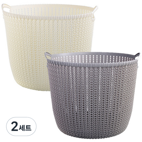 리버그린 짜임 다용도 원형바구니 중 2p 세트, 화이트, 그레이, 2세트