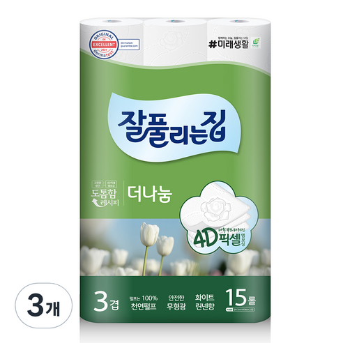 잘풀리는집 더나눔 천연펄프 3겹 고급롤화장지, 25m, 15롤, 3개