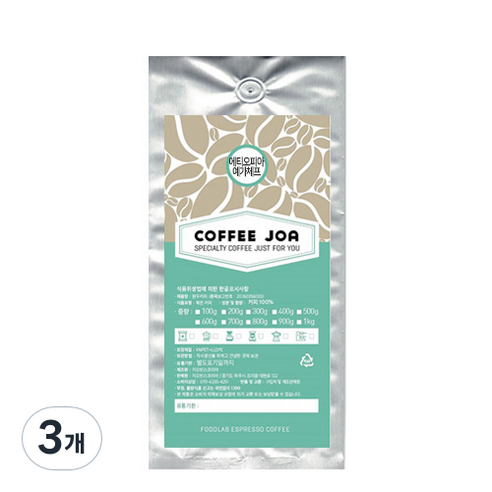 COFFEEJOA 원두 에티오피아 예가체프, 홀빈, 200g, 3개