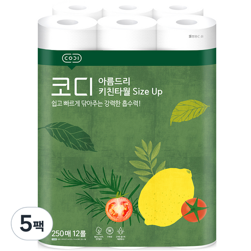 코디 아름드리 Size Up 키친타올 250매, 12롤, 60개