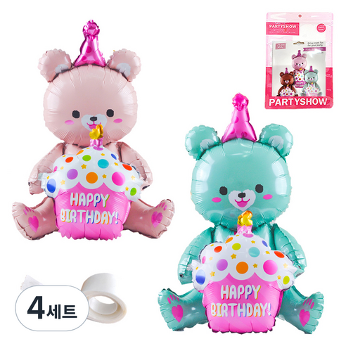 파티쇼 생일파티 곰돌이 은박 풍선 컵케익 2p + 글루닷 접착 스티커 세트, 핑크(곰돌이 은박 풍선), 민트(곰돌이 은박 풍선), 4세트