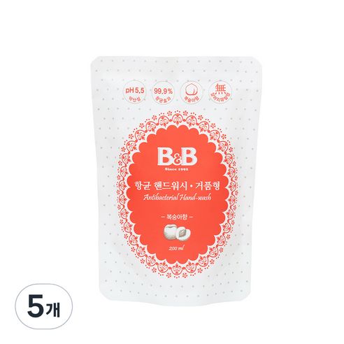 비앤비 항균 핸드워시 리필 200ml, 복숭아향, 5개