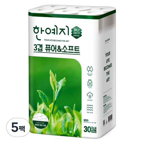 한예지 펄프 3겹데코 퓨어앤소프트 화장지 30m, 30개입, 5개