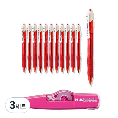 동아 크로닉스 디엑스 펜 C-0.5 12p + 플러스 수정테이프 랜덤발송 WH-635 세트, 빨강, 3세트