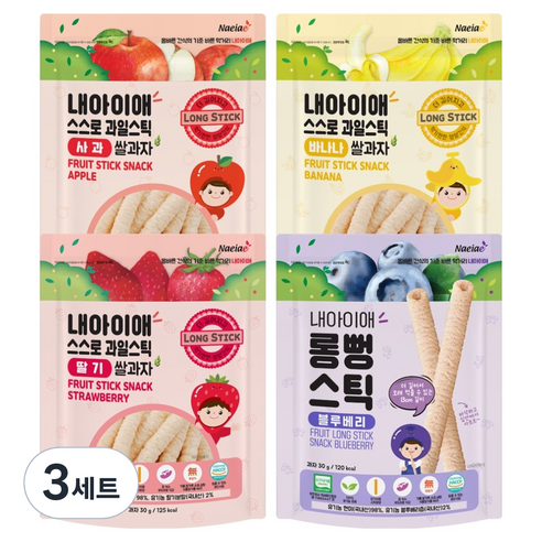 내아이애 유기농 과일 롱뻥 스틱 30g x 4종 세트, 3세트, 사과, 딸기, 블루베리, 바나나