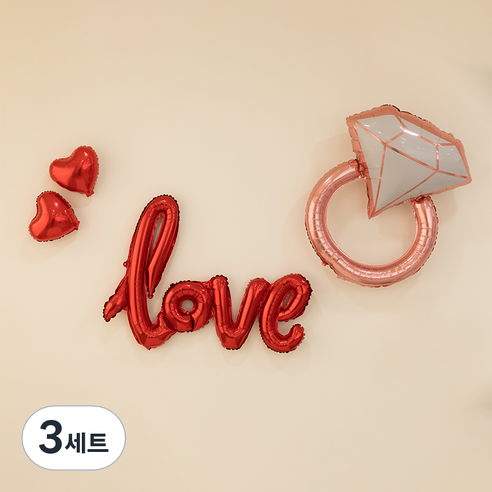 조이파티 프로포즈 이벤트 은박풍선 love + 다이아반지 + 미니하트 2p 세트, 레드(풍선), 로즈골드(다이아반지), 레드(미니하트), 3세트