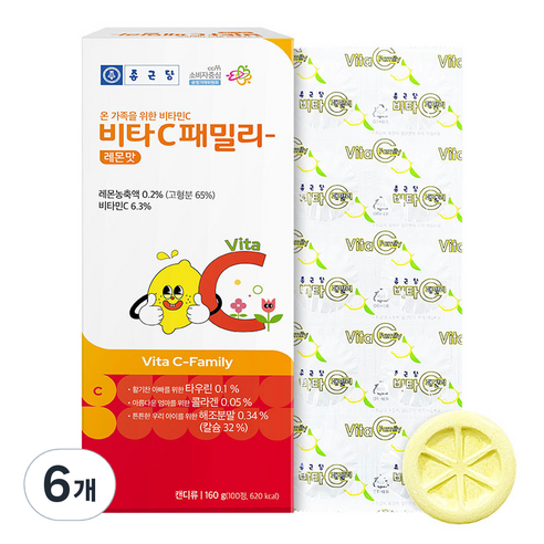 종근당 비타씨패밀리 레몬맛 비타민C, 100정, 6개