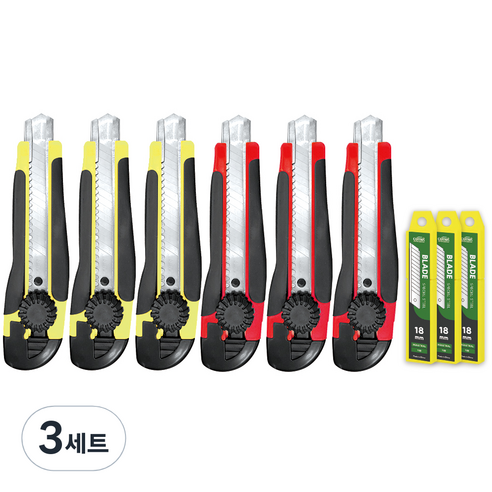 코멧 전문가용 잠금식 대형 스크류 러버 커터칼 6개 + 칼날 30개 세트, 혼합색상, 3세트