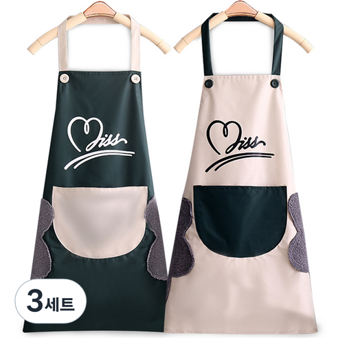 금깨비 하트 핸드타월 방수 앞치마, 그린 + 아이보리, 3세트