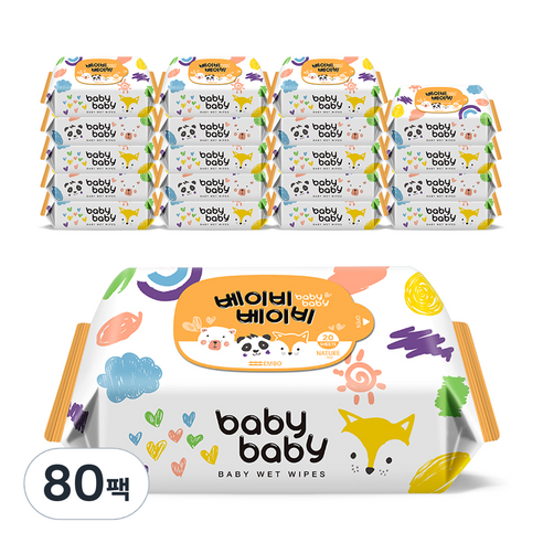 베이비베이비 아기 물티슈 휴대용 리필형, 20매입, 80팩