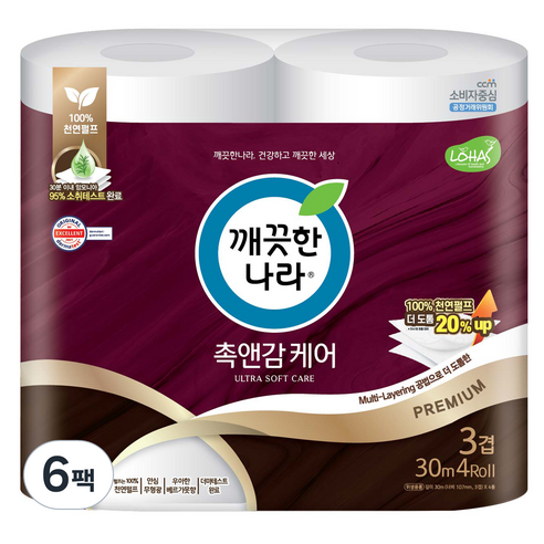 깨끗한나라 촉앤감케어 천연펄프 3겹 고급롤화장지, 4롤, 6개