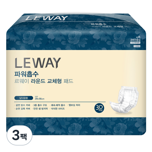 르웨이 남녀공용 파워흡수 라운드 교체형 패드, 중형, 30매입, 3개