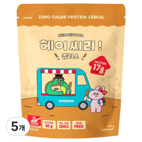 제로스푼 헤이씨리 무설탕 프로틴 그래놀라 츄러스 시리얼, 200g, 5개