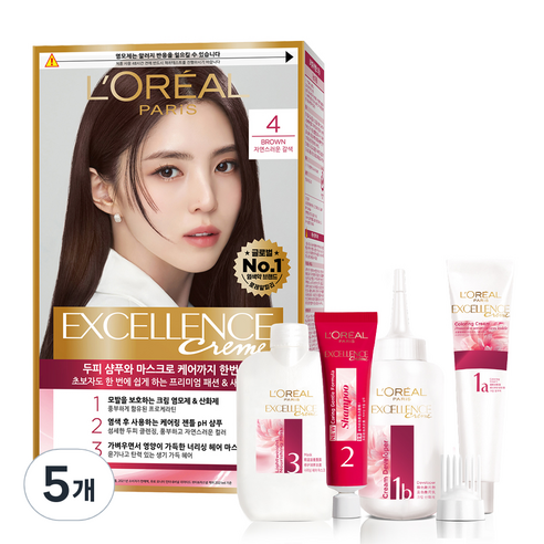 로레알파리 엑셀랑스 크림 염모제, 4호 자연스러운 갈색, 5개