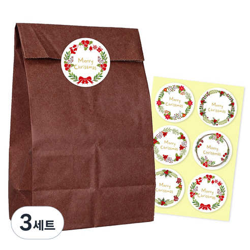 종이봉투 중 50p + 크리스마스 스티커 54p, 브라운, 3세트