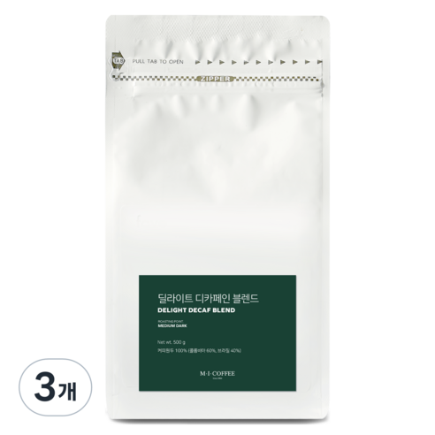 엠아이커피 딜라이트 디카페인 블렌드 원두, 500g, 3개, 홀빈(분쇄안함)
