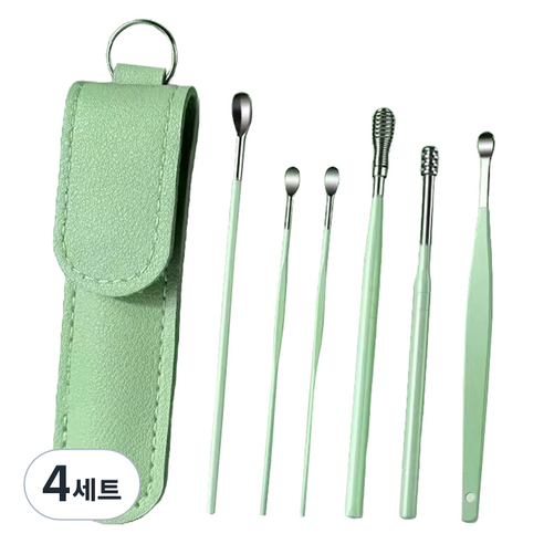 세컨드베스트 나선형 헤드 귀 청소기 귀이개 + 케이스 세트 그린, 4세트