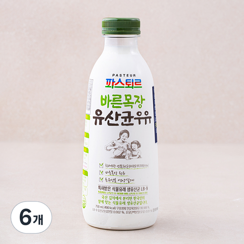 파스퇴르 바른목장 유산균 우유, 750ml, 6개
