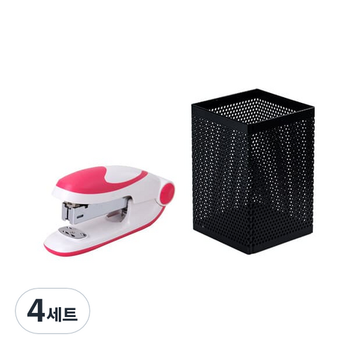 델리 칼라 둥근 33호침 사용 스테이플러 0319 + 철제 메쉬 다용도 사각 꽂이 908 세트, 랜덤발송(스테이플러), 블랙(사각꽂이), 4세트