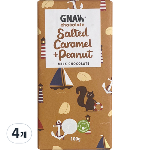 GNAW 솔티드 카라멜 & 땅콩바 밀크 초콜릿, 4개, 100g