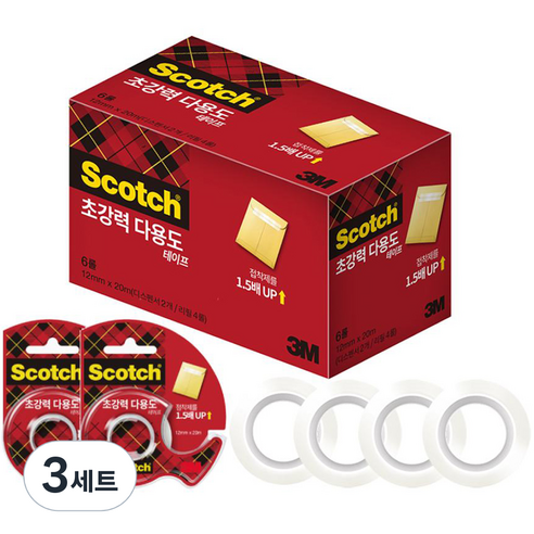 스카치 다용도 테이프 초강력 12mm x 20m 디스펜서 2개 + 리필 4롤, 투명, 3세트