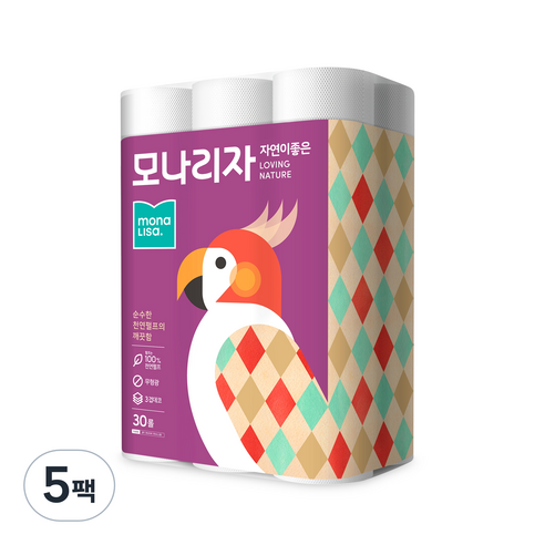 모나리자 천연펄프 자연이 좋은 3겹 화장지, 30m, 30개입, 5개