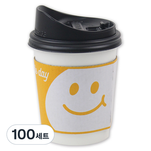 아이엔피 종이컵 화이트 무지 300ml + 롱개폐 뚜껑 + 홀더 스마일옐로 세트, 100세트