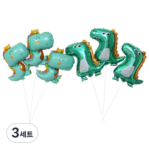미니 아기공룡 풍선 2종 x 3p + 스틱 세트, 스마일공룡, 익살공룡, 3세트