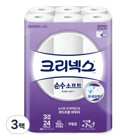 크리넥스 천연펄프 순수 3겹 소프트 롤화장지 27M, 28m, 24개입, 3개