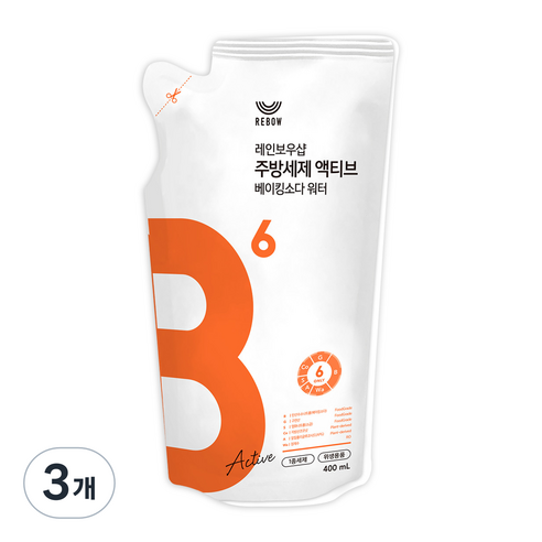 레인보우샵 B6 주방세제 액티브 베이킹소다 워터 리필, 400ml, 3개