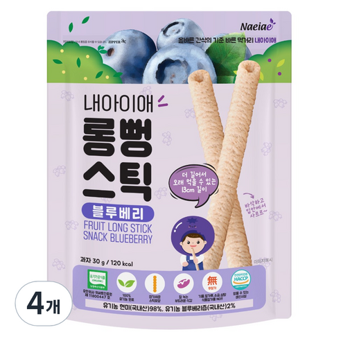 내아이애 유기농 롱뻥 스틱 블루베리 쌀과자, 4개, 30g
