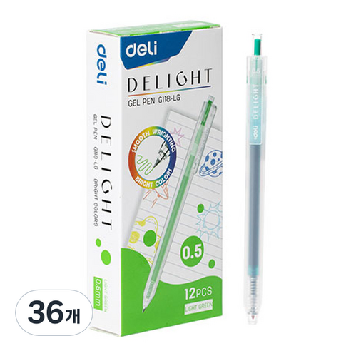 델리 델라이트 퀵드라이 노크식 젤잉크펜 0.5mm EQ118, 라이트그린, 36개