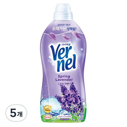 버넬 섬유유연제 스프링 라벤더 본품, 1.8L, 5개