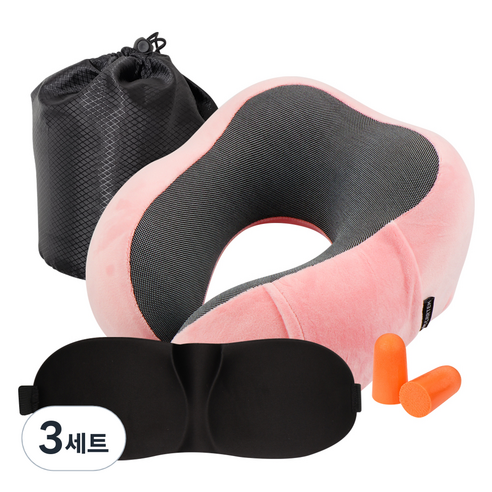 카템 떠나요 메모리폼 목쿠션 + 수면안대 + 귀마개 + 파우치 세트, 핑크, 3세트