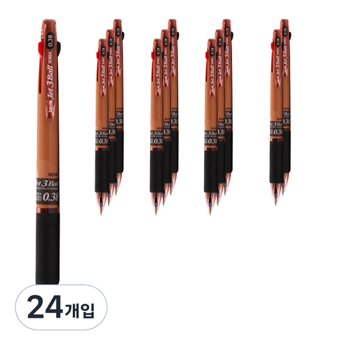 자바펜 초저점도 유성 3색볼펜 제트3볼 0.38mm, 브라운, 24개입