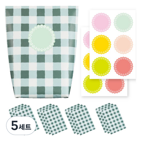 체크 종이 포장지 포장봉투 그린 12p + 스티커 6종 x 2p 세트, 혼합색상, 5세트