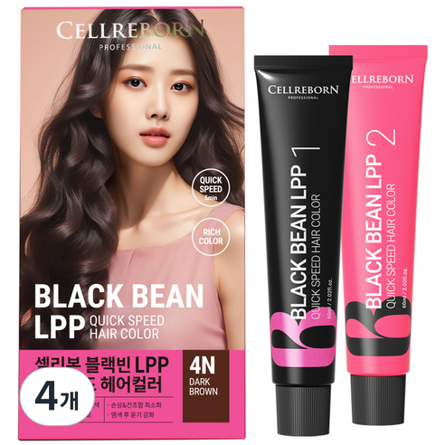 셀리본 블랙빈 LPP 퀵스피드 헤어컬러 염색 염모제 60ml + 산화제 60ml 세트, 4N 다크 브라운, 4개