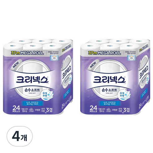 크리넥스 3겹 순수소프트 화장지 37m, 24롤, 4개