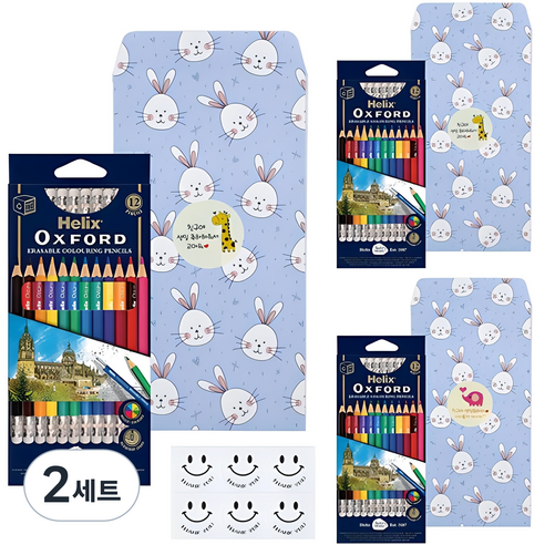 헬릭스옥스포드 어린이집 생일선물 답례품 지워지는 색연필 12종 x 3p + 선물봉투 3p + 스티커 3종 x 6p 세트, 2세트