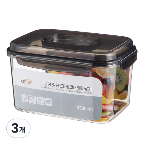 코멧 국내생산 BPA FREE 클리어 밀폐용기 핸들타입 4300ml, 3개, 단품
