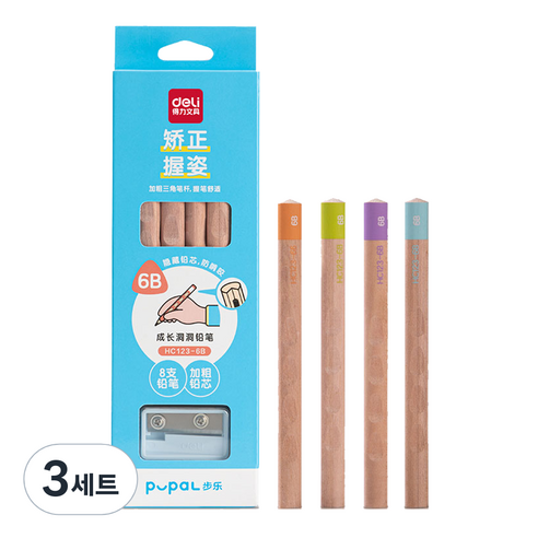 델리 점보 교정 연필 6B +미니 점보 연필깎이 세트, 랜덤발송, 3세트